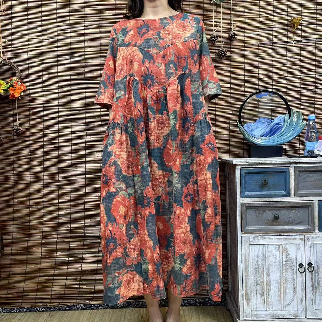 6073秋款新款时尚文艺复古长款大摆连衣裙