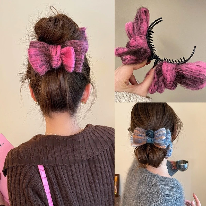 明媚可爱蝴蝶结发夹女后脑勺毛绒丸子头神器秋冬大号抓夹2025新款