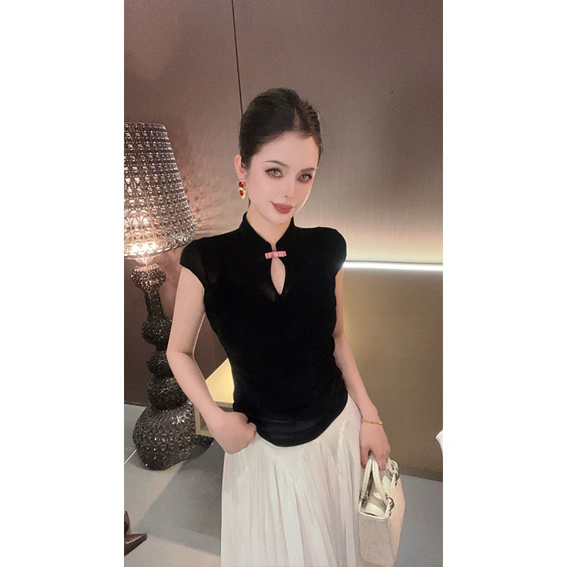 立领国风盘扣拼接镂空植绒上衣SY30760