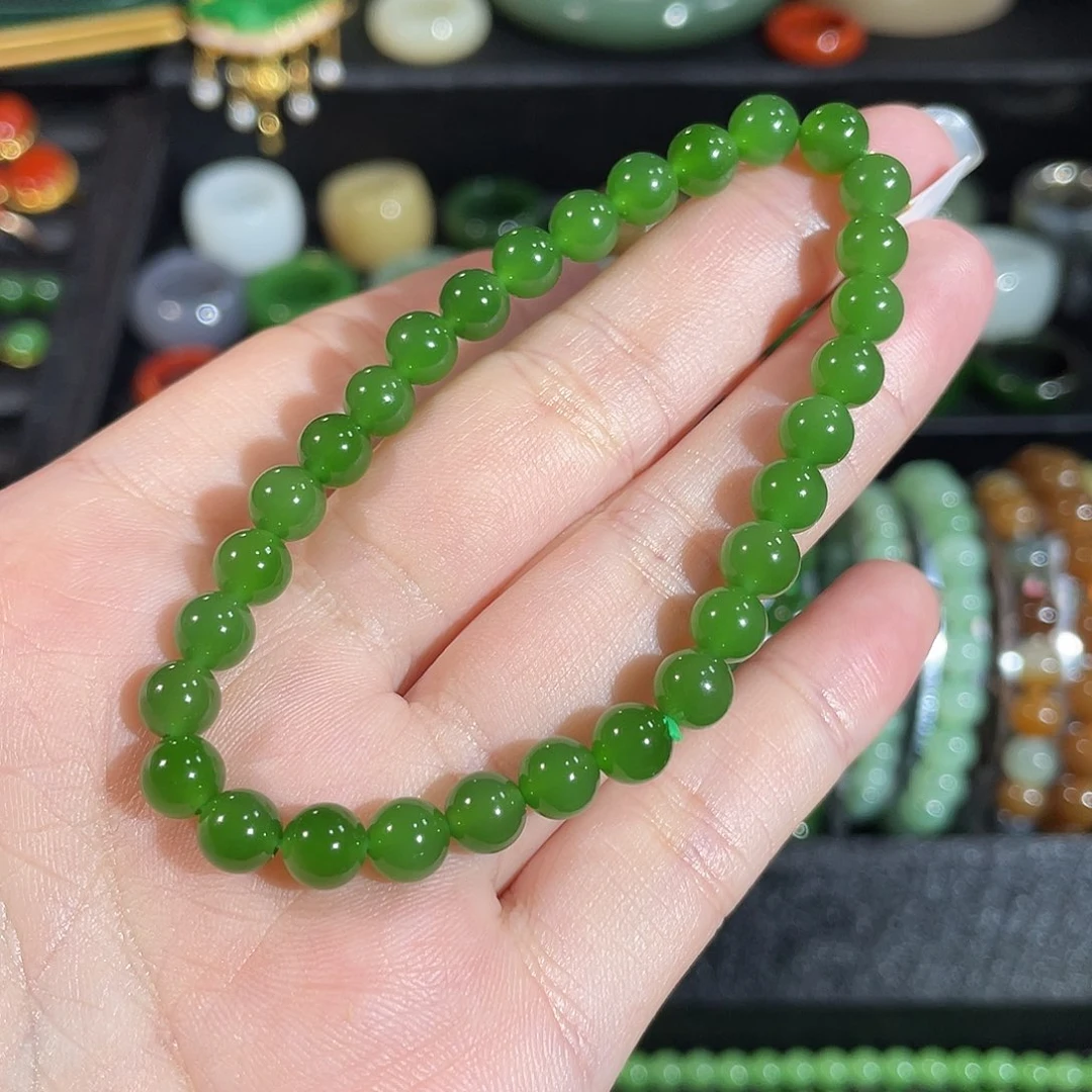 和田玉（碧玉）未镶嵌手串卡6 毕业级碧玉冰阳绿手串