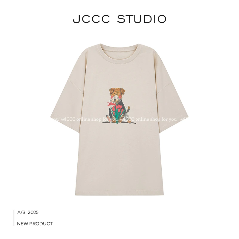 JCCC影子【花花小狗】杏色慵懒松弛100%棉印花短袖T恤JE4FBT11