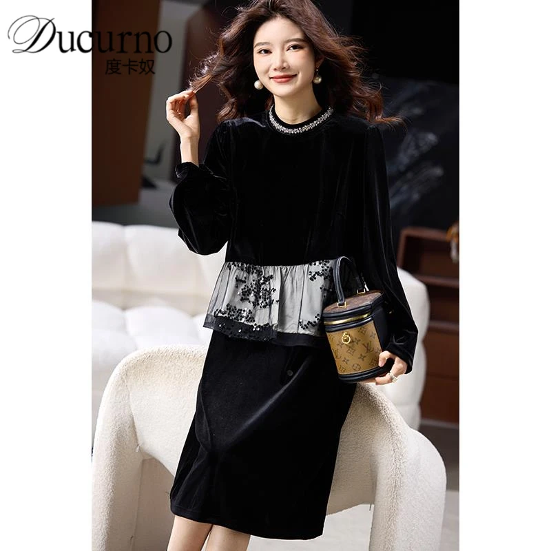 时尚钉钻黑色丝绒连衣裙女2025年早秋新款宽松长袖大码气质长裙