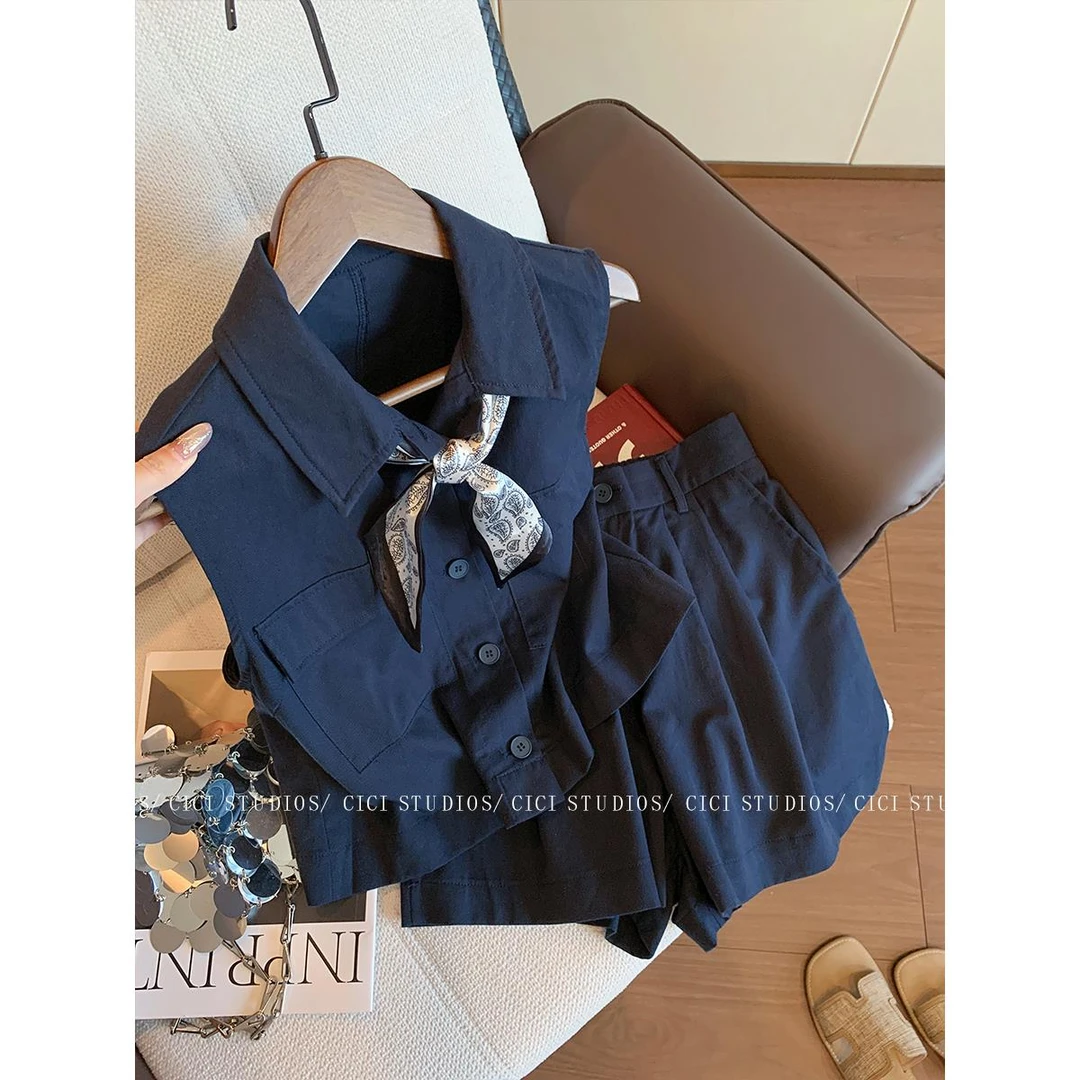 单排扣翻领背心套装夏季男士复古休闲高腰短裤两件套加大码300斤