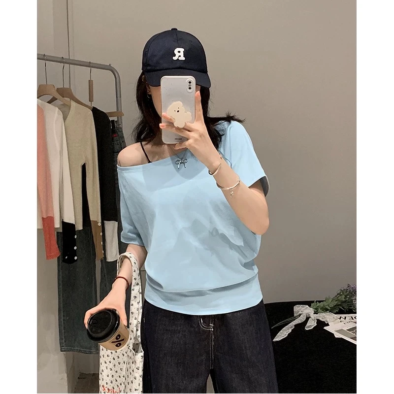 美式短袖T恤女夏季一字肩设计感小众气质洋气甜辣紧身显瘦上衣