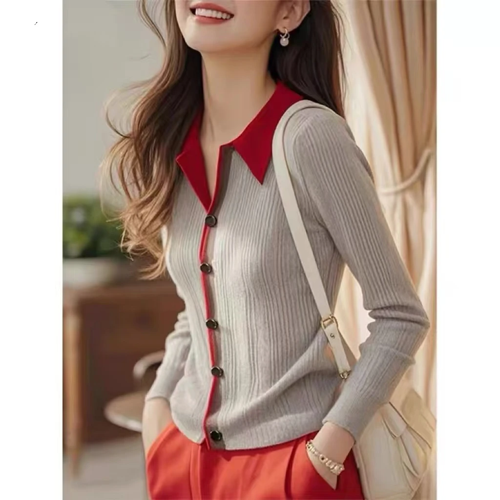 小香风灰色长袖女士秋冬新款气质翻领针织衫复古港味chic上衣