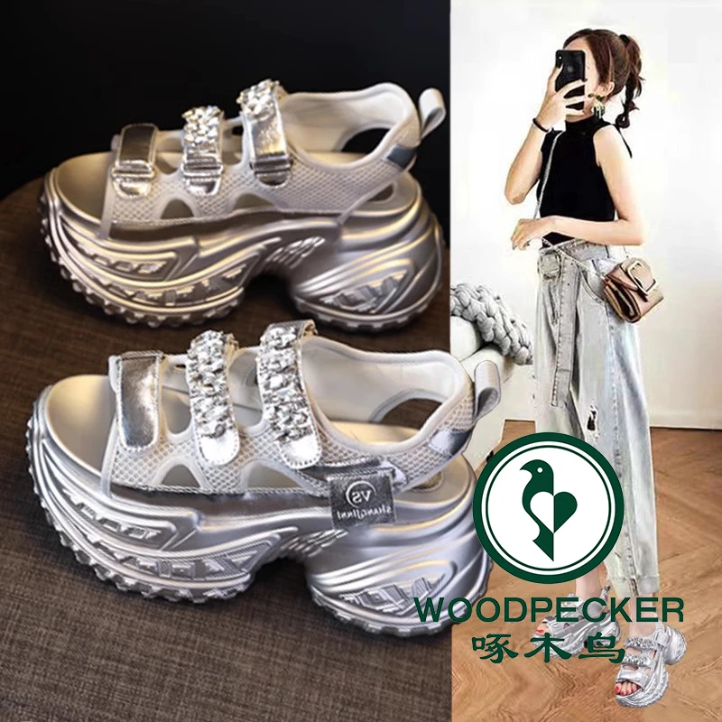啄木鸟厚底小个子老爹运动凉鞋女2025夏季新款水钻增高罗马沙滩鞋