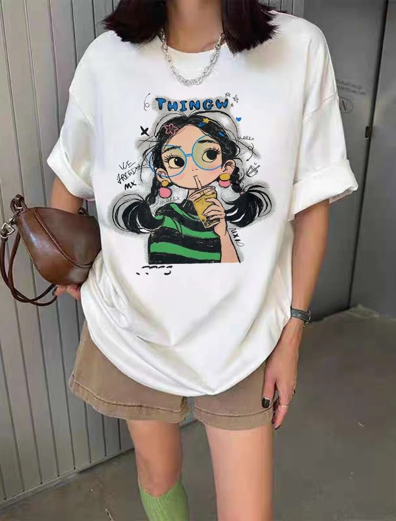 欧货2025夏新款眼睛女孩印花大版宽松洋气短袖t恤上衣女