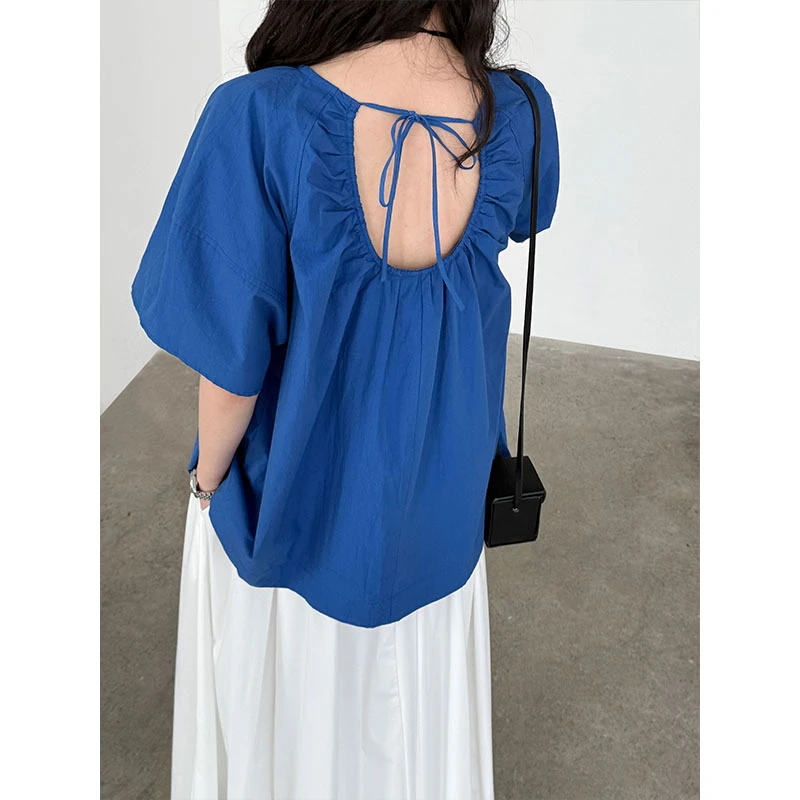 品质韩系后背绑带露背减龄小衫夏新款皱褶圆领短袖衬衫上衣3578