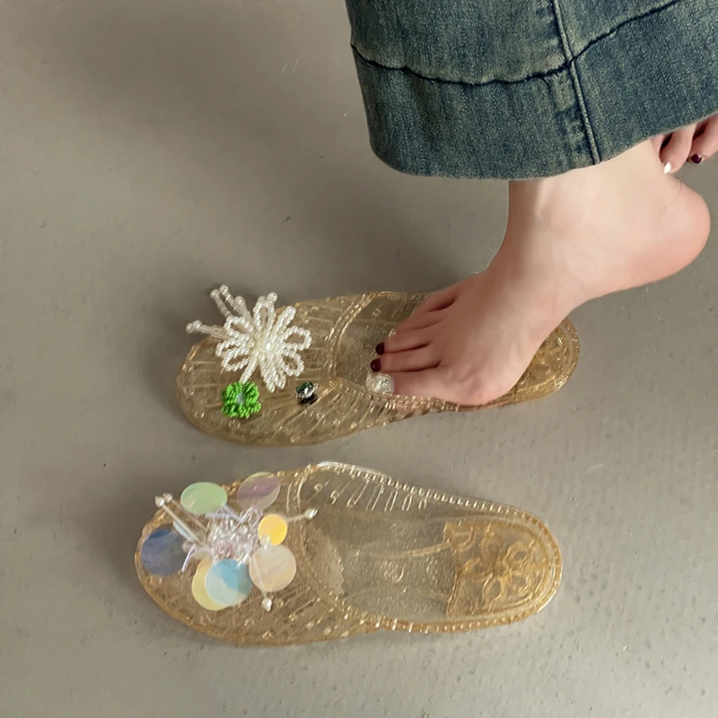 时尚百搭甜美可爱珍珠蝴蝶结包头拖鞋女2025夏季新款百搭平底拖鞋