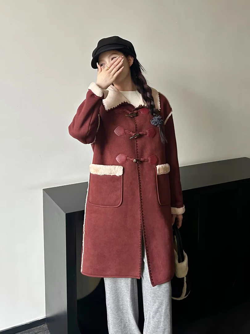 【仟媛】6618#牛角扣皮毛一体2024新款宽松长款外套
