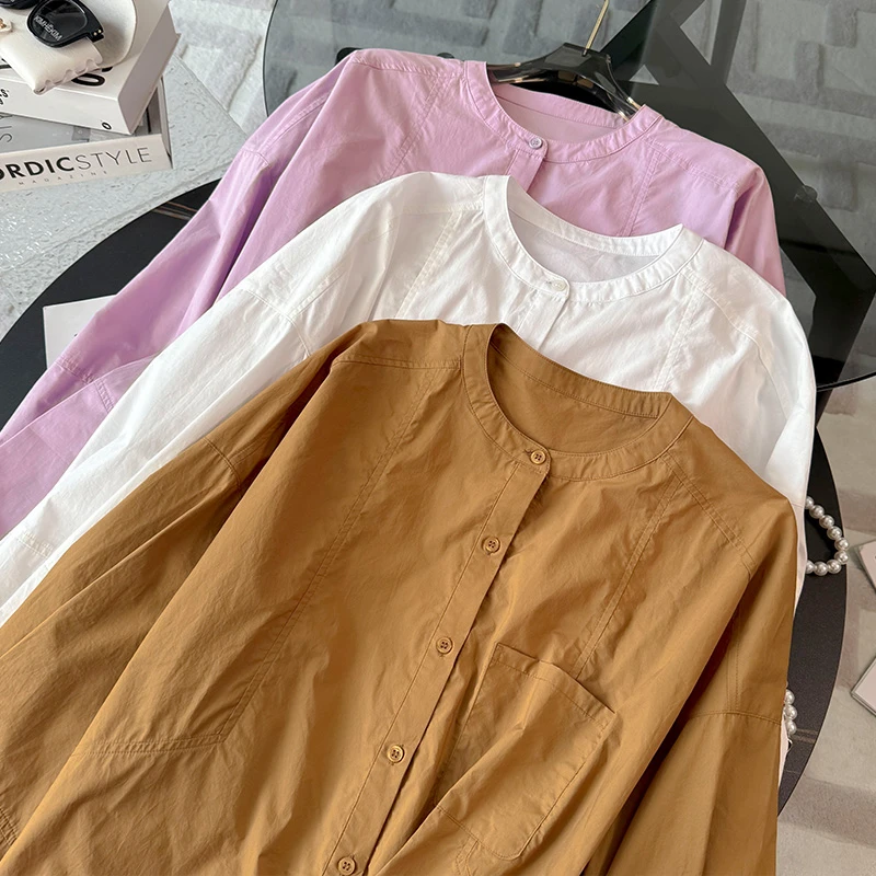 女款春季新款设计感纯色圆领百搭单排扣宽松时尚简约小个子衬衣潮