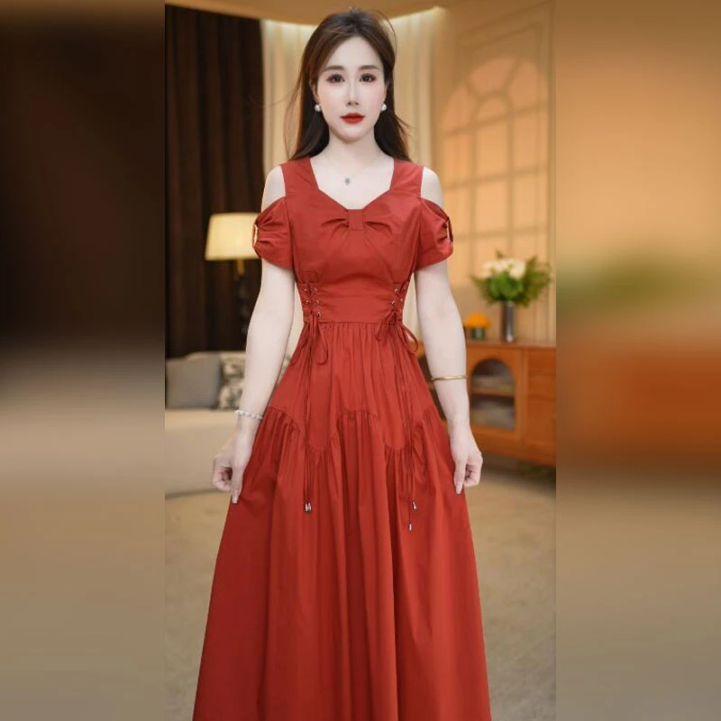 赛菲雅高贵气质露肩连衣裙女2025新款夏减龄设计感轻奢风a字裙潮