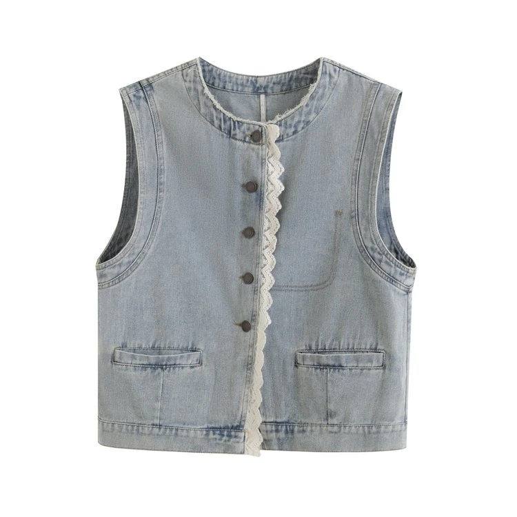 夏季新款女装马甲薄款短款甜美女士牛仔马甲时尚蕾丝洋气柔软亲肤