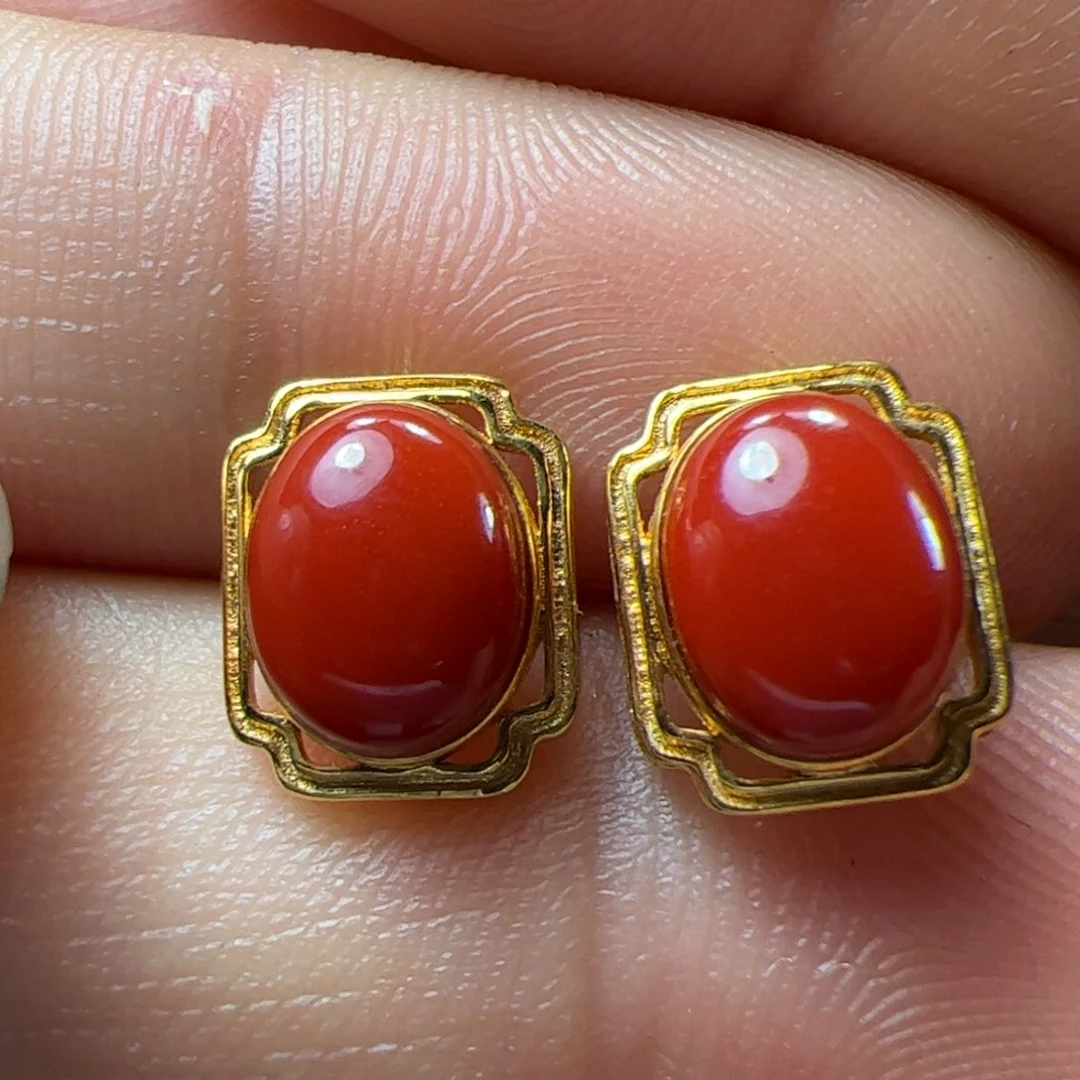 南红玛瑙耳钉18K金镶嵌