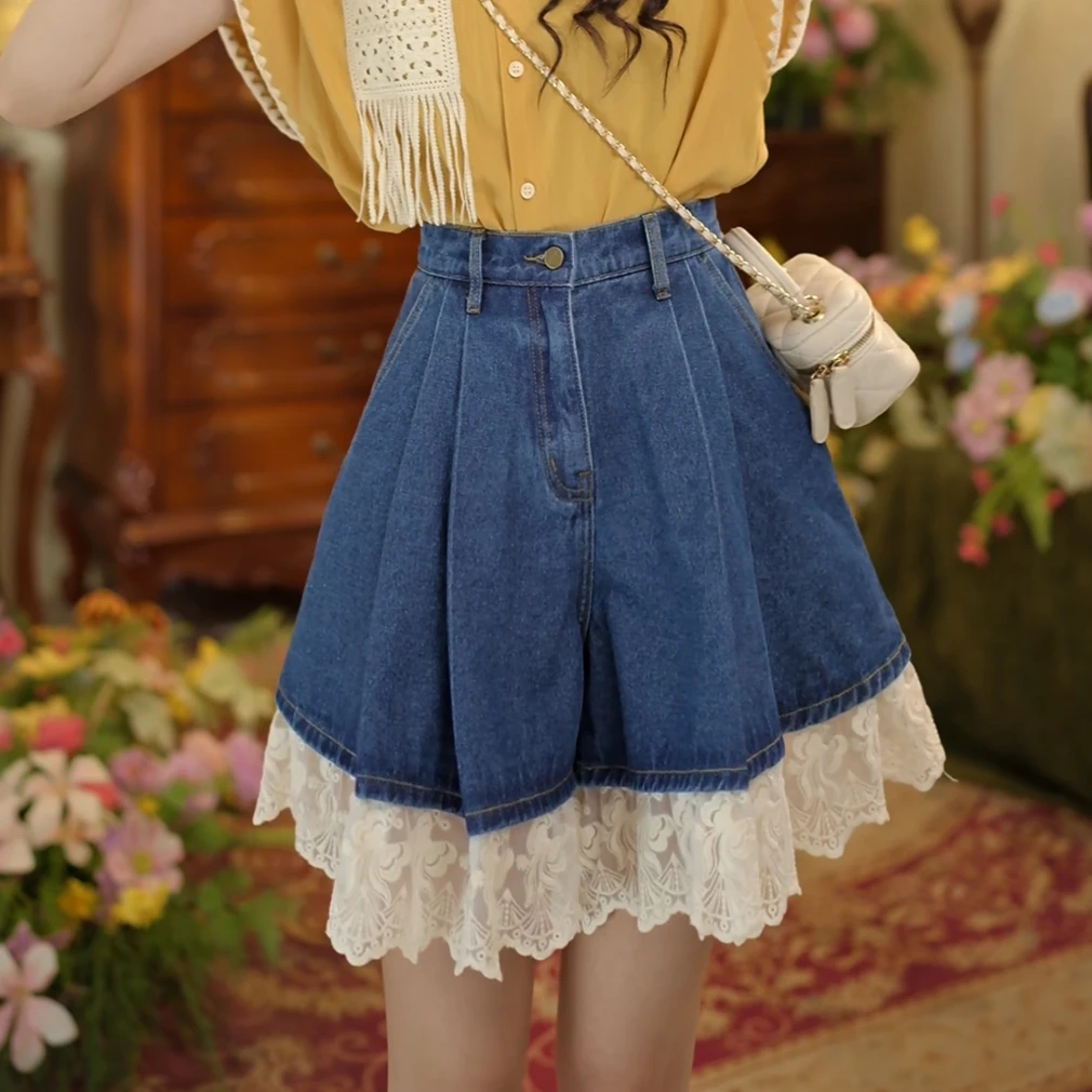 扣子家【柔软浪花】港风复古高腰牛仔裙裤拼接蕾丝A字短裤KK0725597