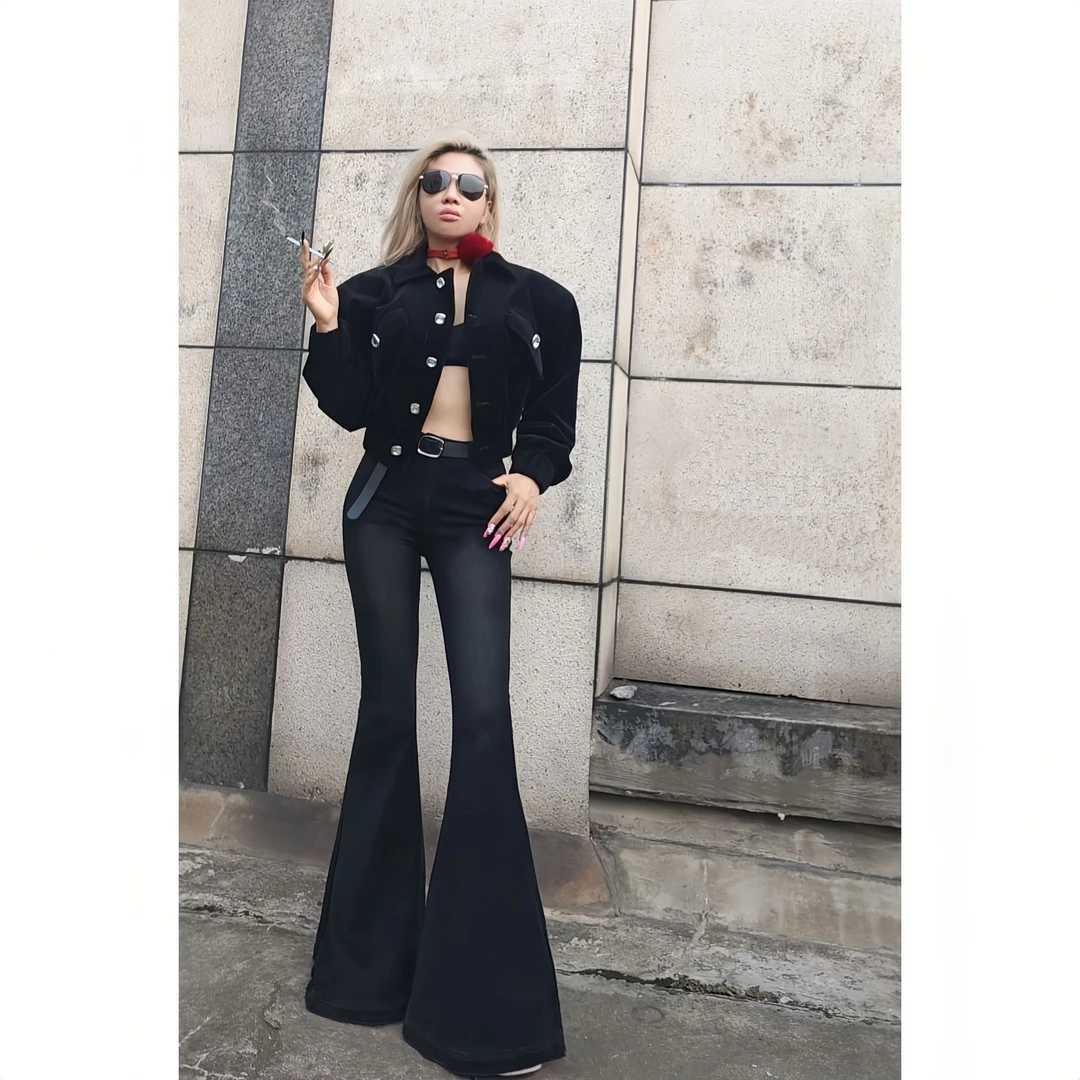 单裤和加绒【1粒扣黑色磨白大喇叭】AOAOMISSSHOP鳌鳌家2025新款