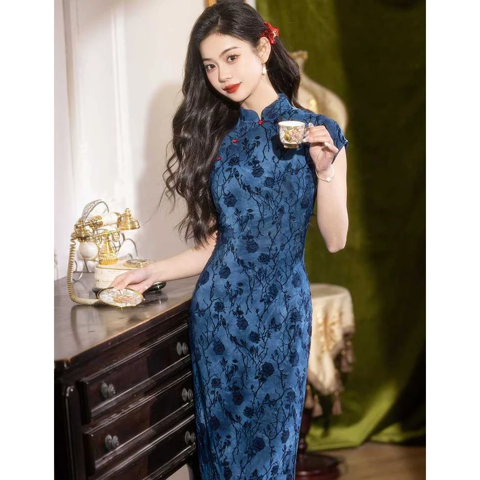 新中式蓝色显瘦旗袍修身长款改良国风2025年新款老上海复古夏季女