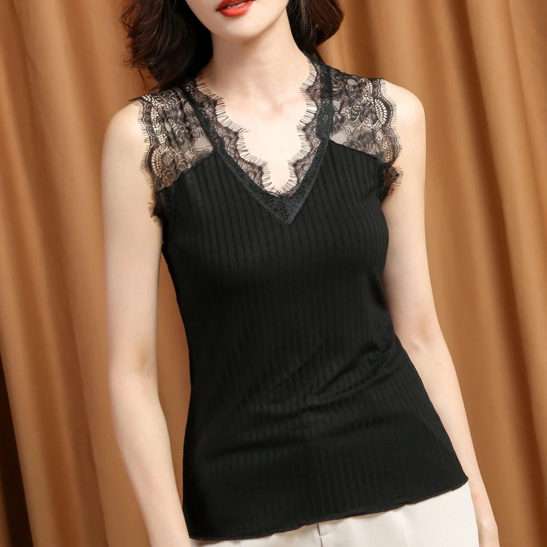 2025新款蕾丝美背吊带镂空背心女外穿性感v领螺纹棉无袖打底上衣