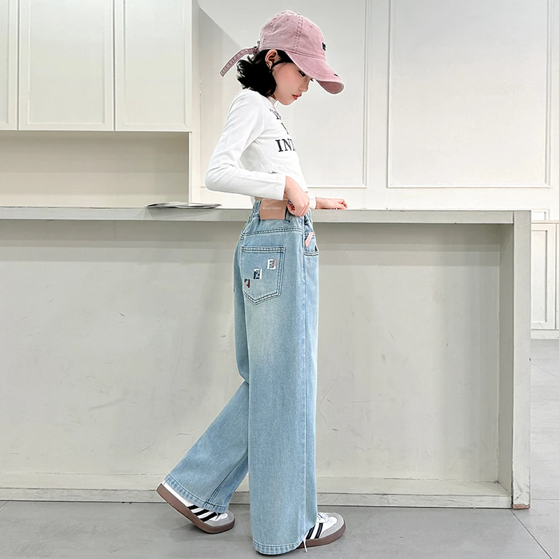 女童直筒牛仔裤春装2025新款儿童裤子春秋款初中生女孩大童阔腿裤