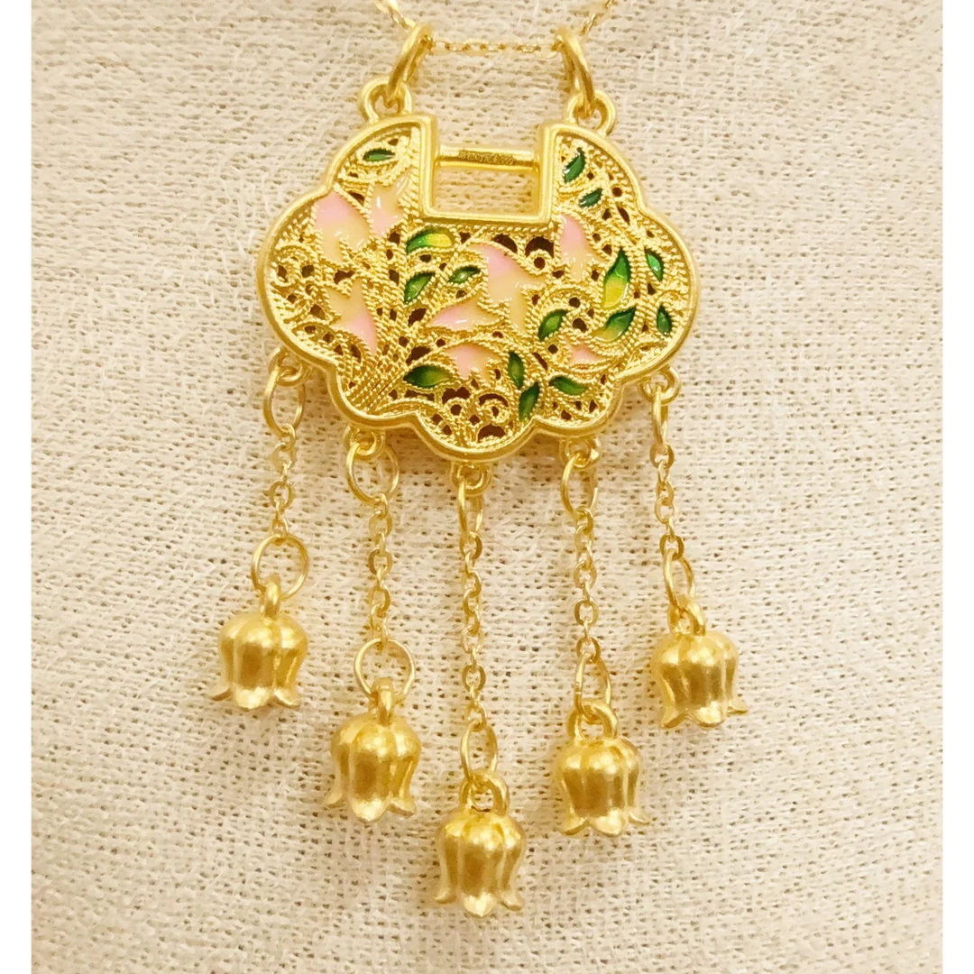 【水贝专属】足金 珐琅花丝璎珞锁（赠银项链）