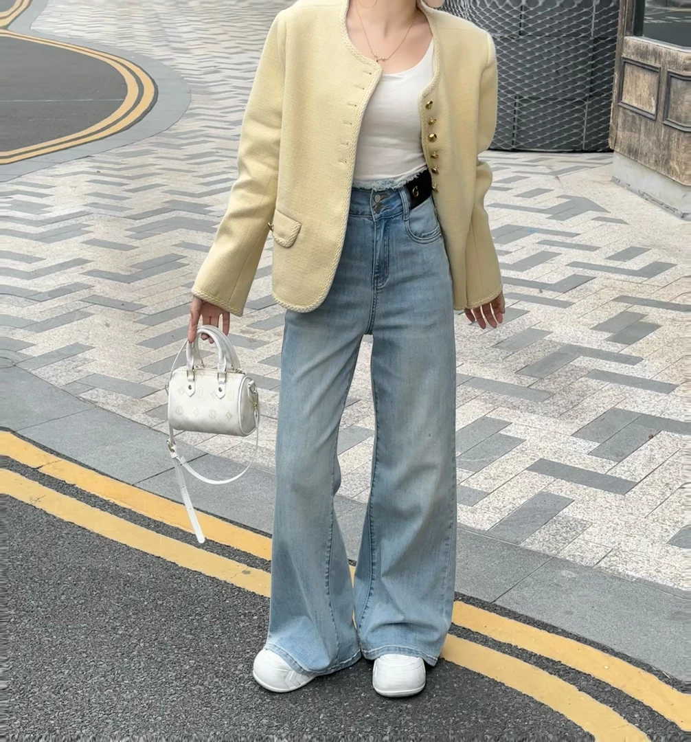 小个子毛边拼接牛仔裤女2025复古磨白高腰直筒宽松显瘦做旧阔腿裤