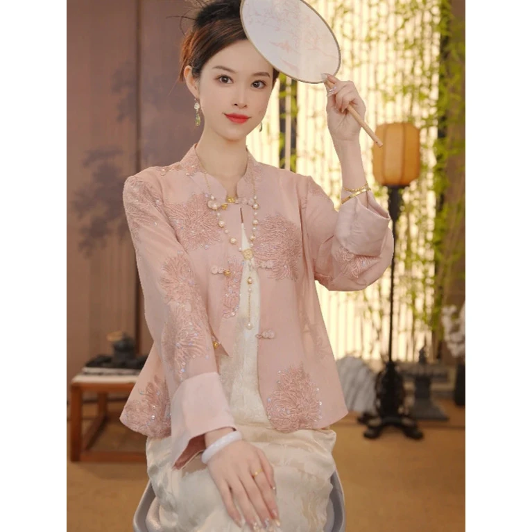 复古盘扣轻国风长袖外套女时尚亮片新中式上衣春夏薄款遮阳小开衫