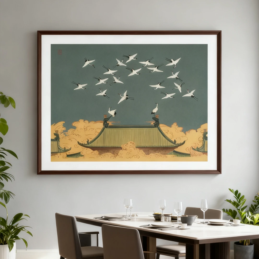 新中式瑞鹤装饰画高级感方形卡纸适用于玄关餐厅茶室