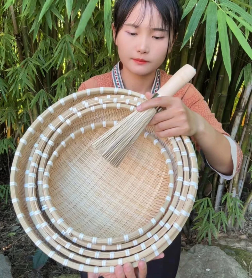 手工竹子编制圆兜兜洗菜滤水蓝