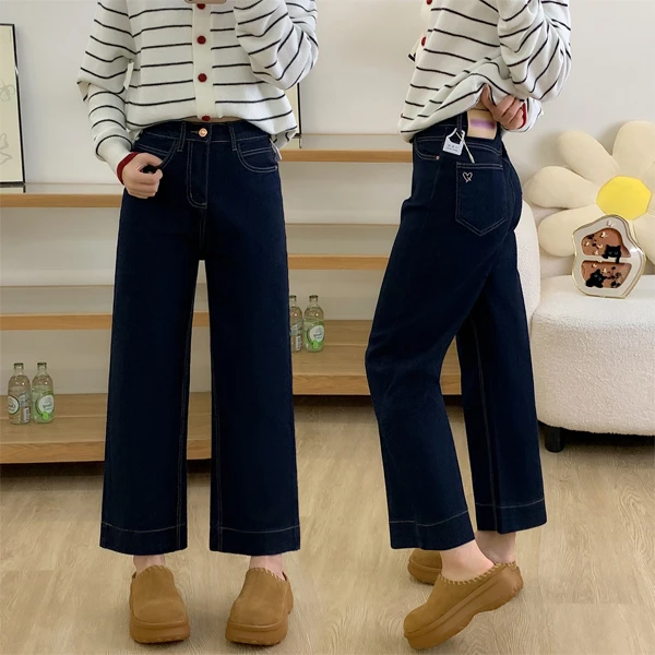 深蓝色直筒牛仔裤女秋冬加绒大码胖mm梨形身材宽松显瘦弹力阔腿裤