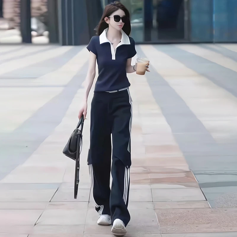潮流炸街休闲运动套装女夏洋气减龄修身拼色翻领短袖阔腿裤两件套