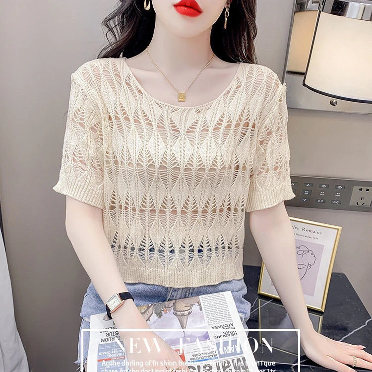 镂空针织衫女2024夏季新款短袖薄款冰丝上衣设计感小众外穿t恤潮