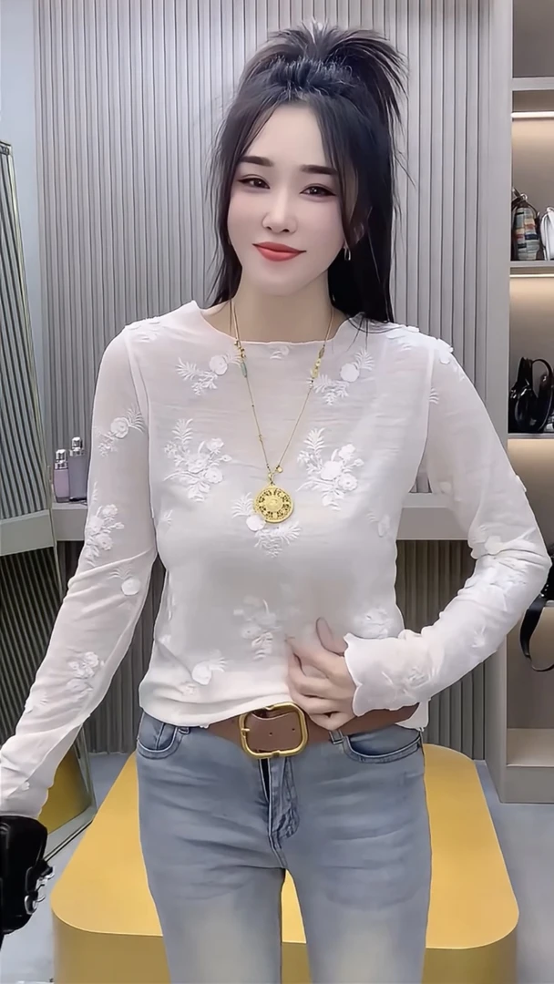 欧洲站2025秋季新款植绒花朵长袖t恤女时尚洋气修身显瘦打底衫潮