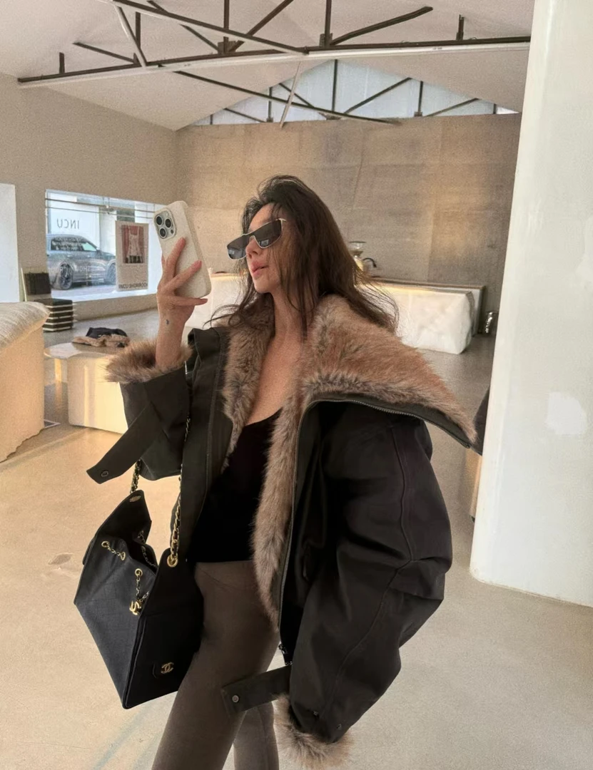 XYSF极简   新款冬季大翻领毛毛拼接重工宽松棉服外套