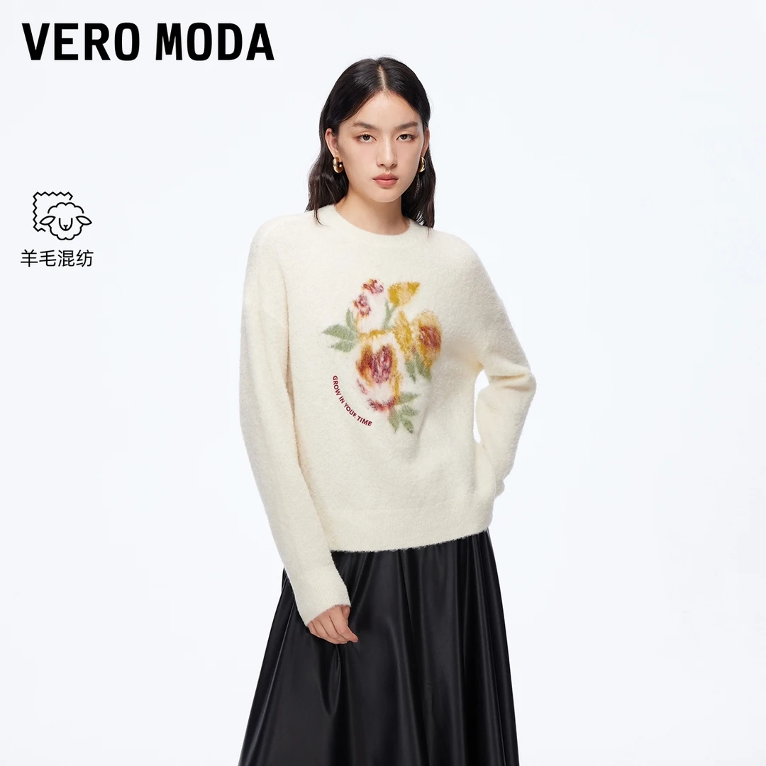 Vero Moda毛衣女2025秋冬新款含绵羊毛花朵针织落肩上衣325413017
