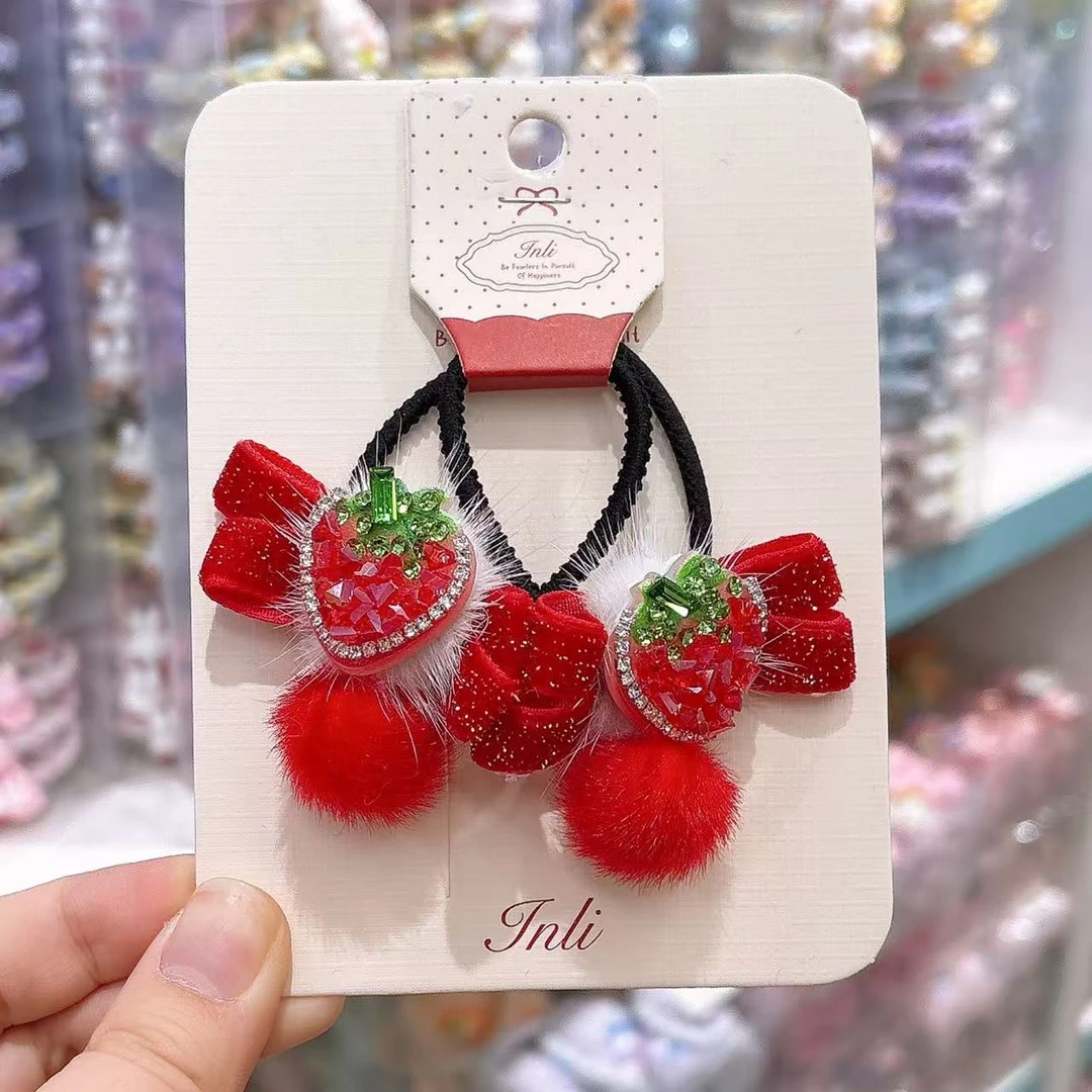 B-1674（满10米飞）jl 1对新年草莓红色蝴蝶结毛球头绳 发圈