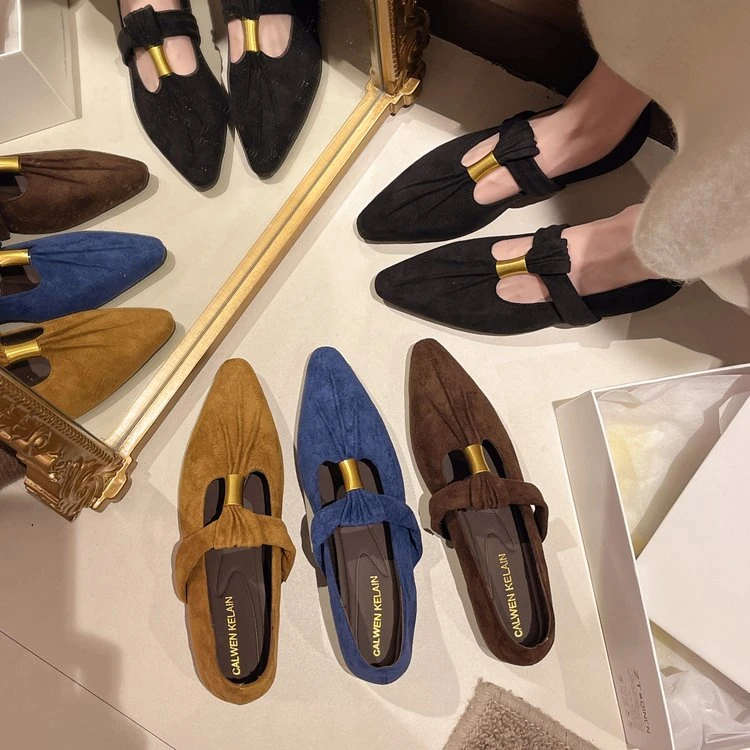 内增高褶皱方头浅口玛丽珍鞋女春秋季新款金属T字带晚风通勤单鞋