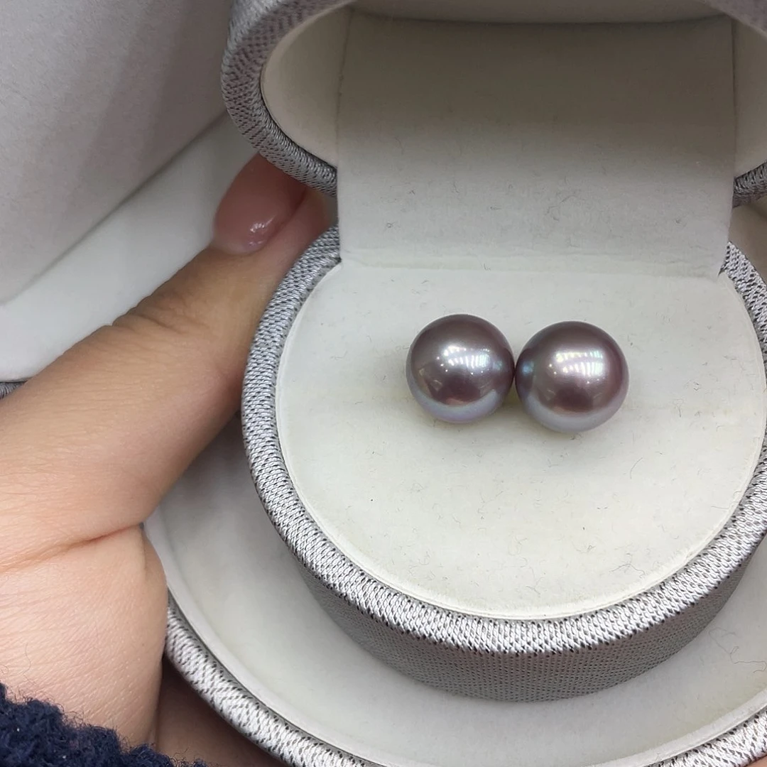 淡水珍珠耳钉银S925镶嵌11-12mm紫珠耳钉