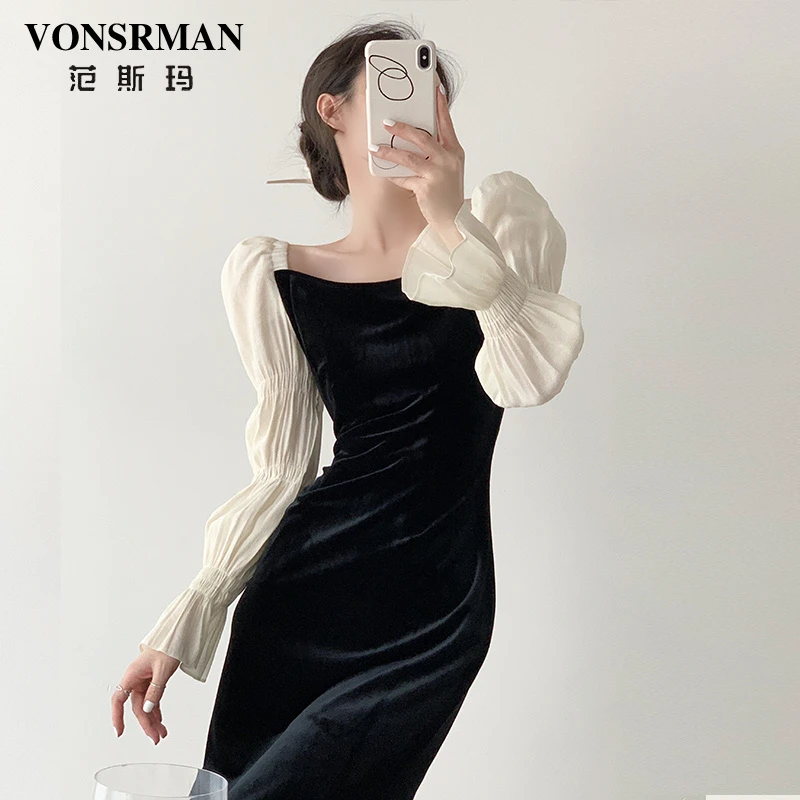 法式长袖丝绒连衣裙女2025春秋新款设计感小众打底黑白拼接仙女裙