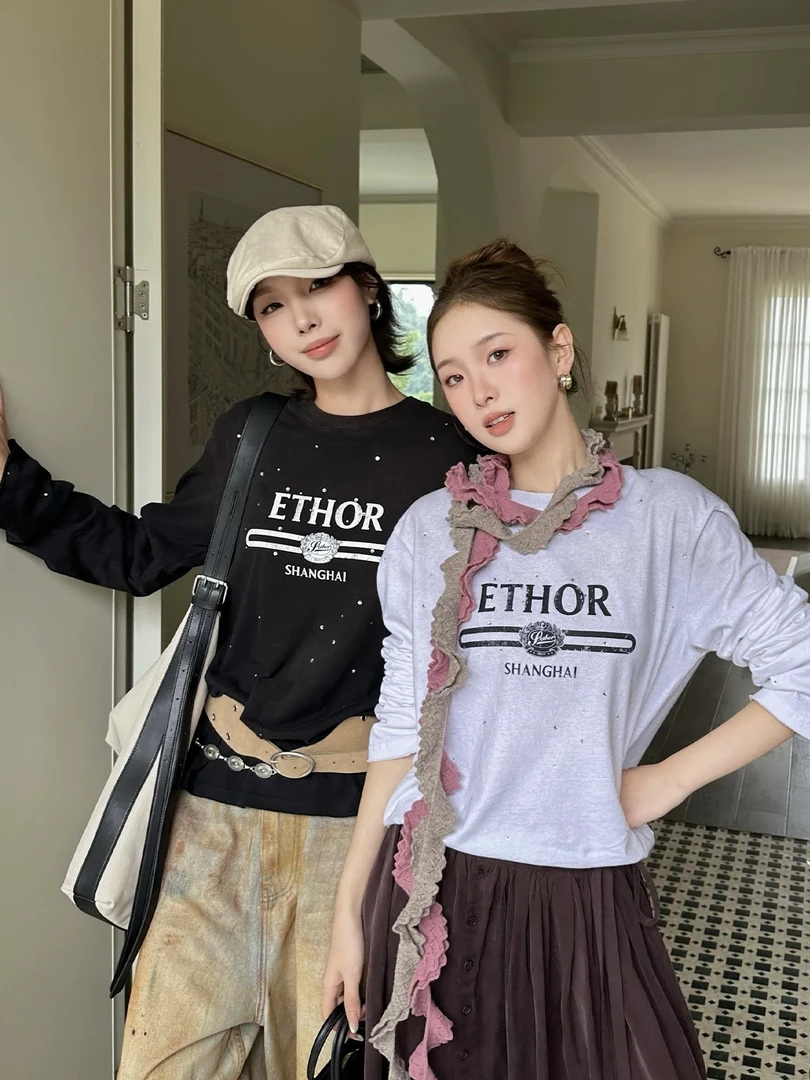 EZ25新款做旧烫钻长袖T恤