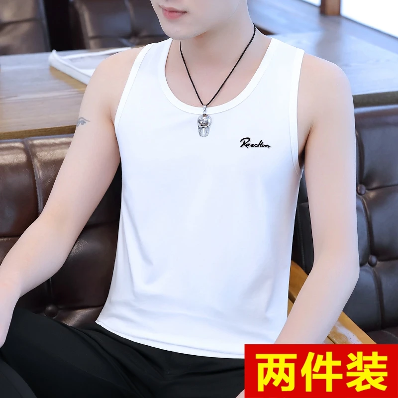 高品质纯棉男士无袖背心健身运动印花篮球坎肩宽肩白色冰丝汗衫潮