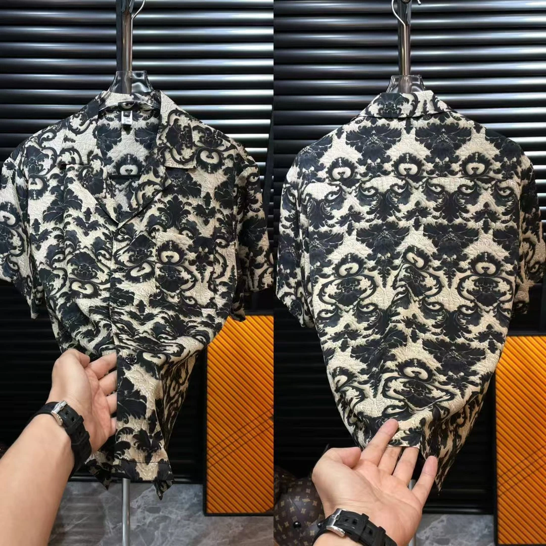 新款轻薄透气百搭花色男士衬衫短袖休闲复古国风潮流印花
