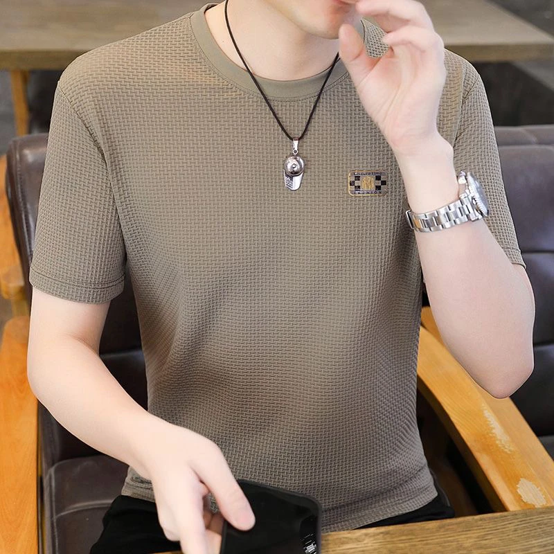 2025新款圆领男士冰丝透气T恤休闲潮流时尚提花薄款夏季短袖