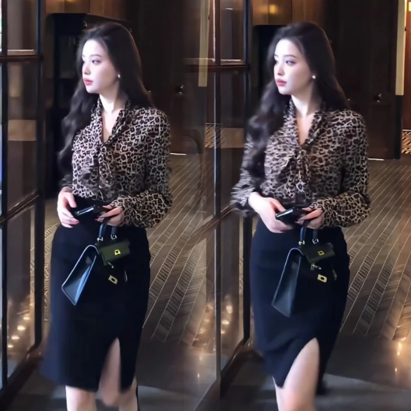 新款气质性感豹纹飘逸雪纺V领长袖衬衫+高腰包臀半身裙两时尚件套