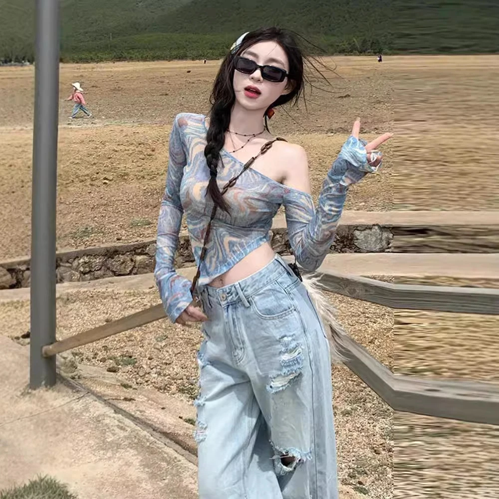 辣妹美式复古露肩长袖T恤女夏季不规则修身性感防晒网纱罩衫上衣