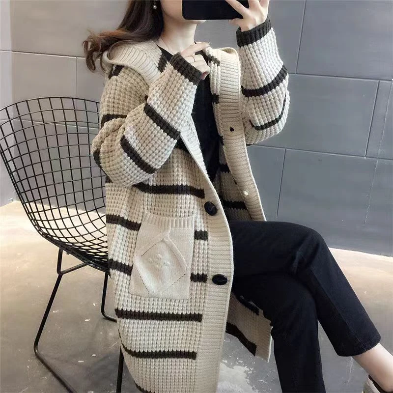 宽松型加厚条纹连帽针织开衫女中长款秋冬新款宽松外搭慵懒风毛衣