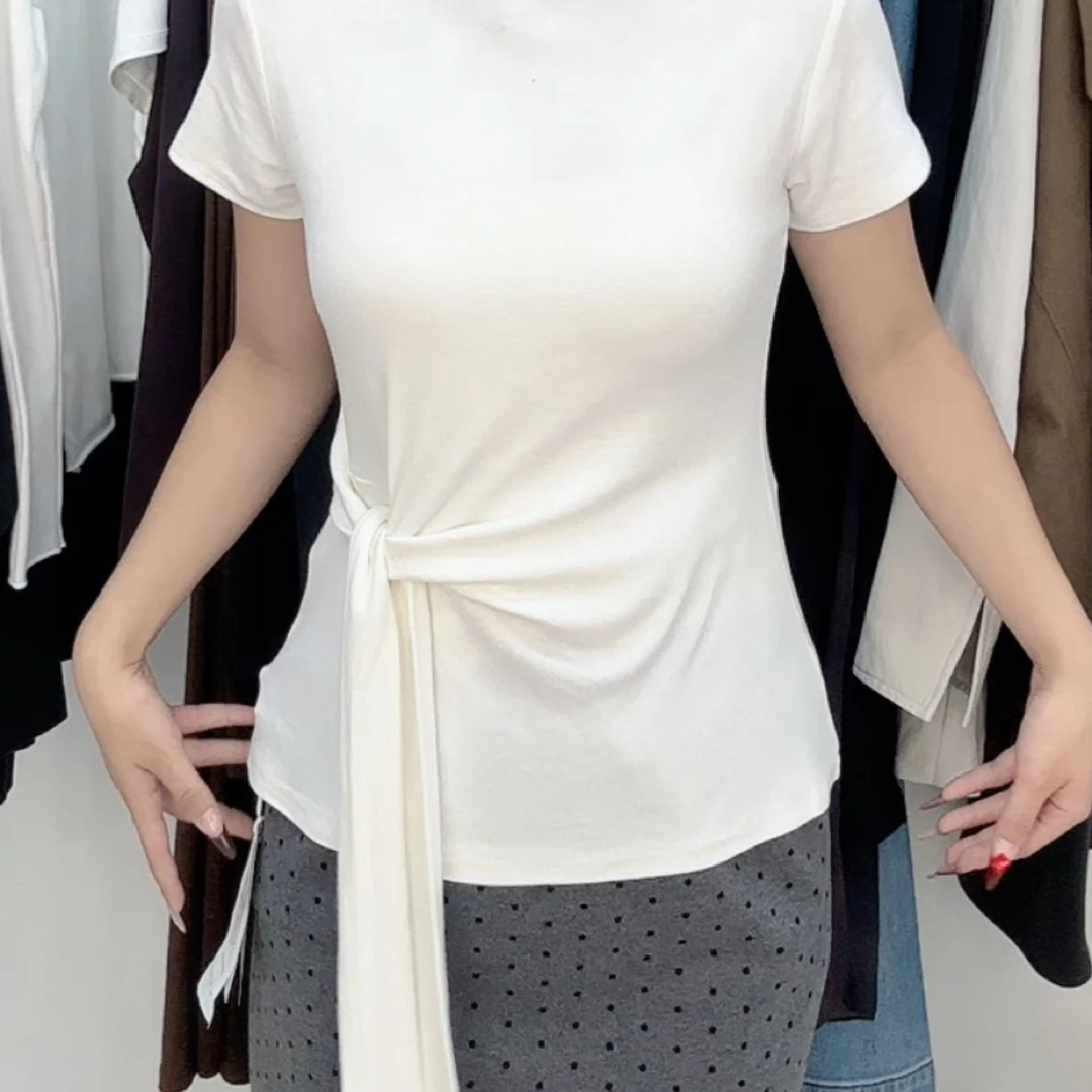 琦家女装秋季新款立领短袖羊绒棉面料系带韩版上衣女t恤2025潮