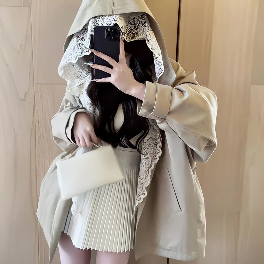 假两件蕾丝撞色拼接连帽风衣女2025年秋季新款韩版小个子减龄外套