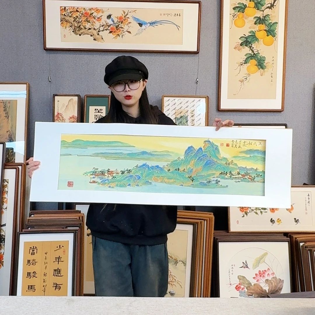 国画纯手绘，纯手写带框尺寸：40×123厘米