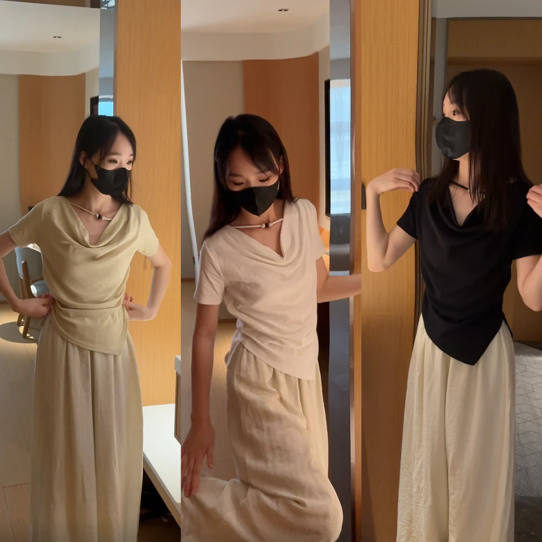 荡领T恤女2025夏季新款短袖气质小个子显瘦修身上衣+高腰阔腿裤
