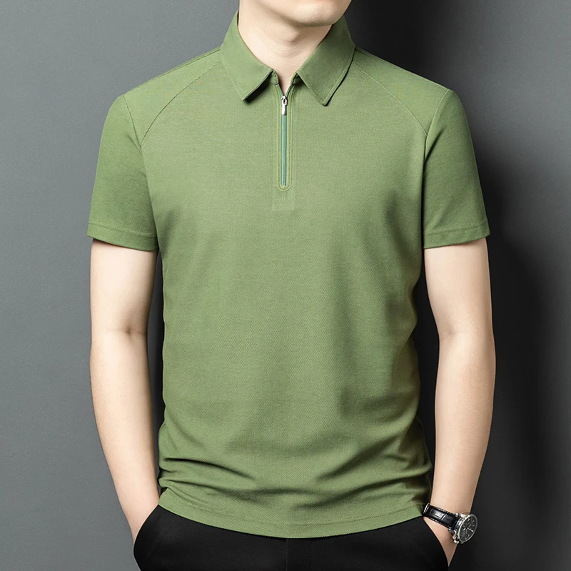 2025夏季新款冰丝拉链翻领t恤短袖商务休闲纯色男士Polo衫
